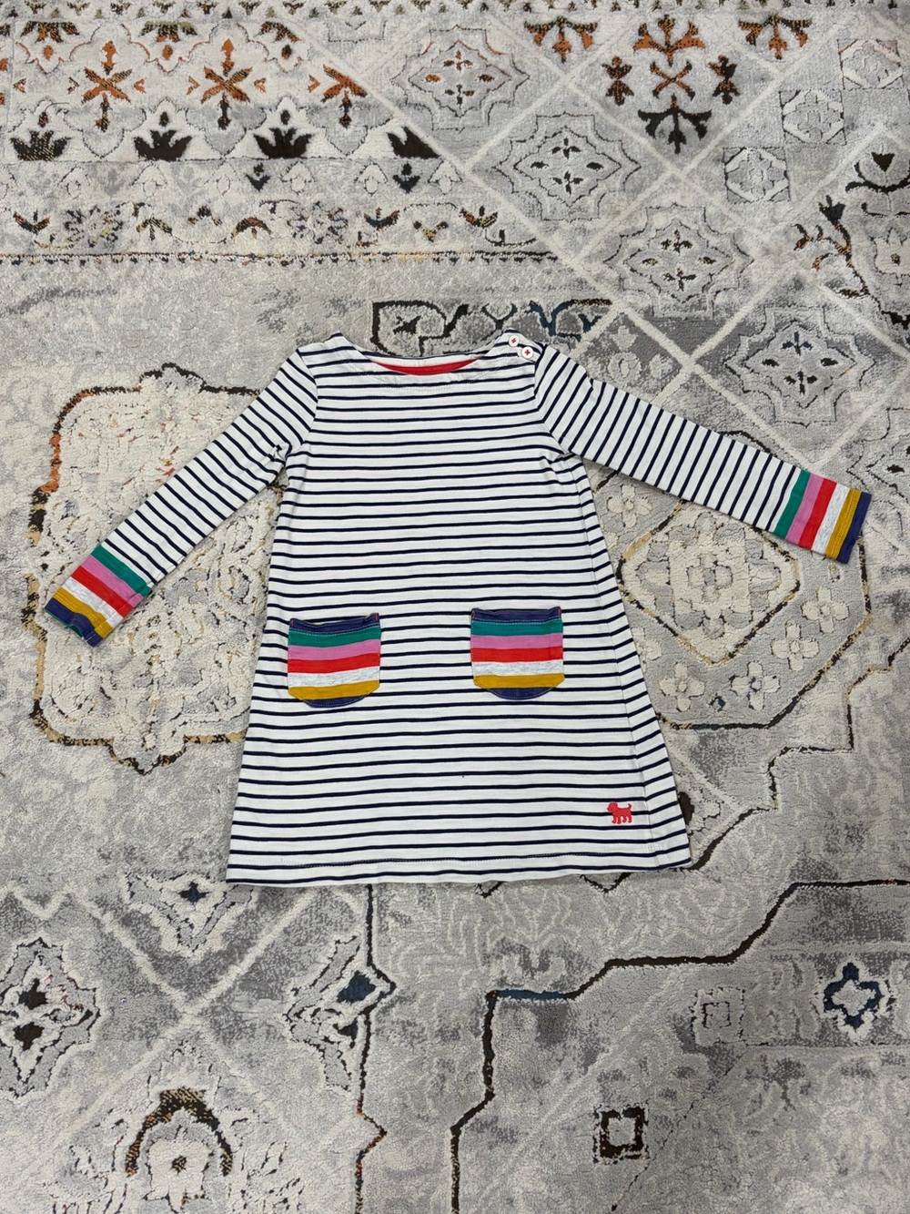 Mini Boden Navy and White Striped Dress with Rainbow Accents, 3-4T